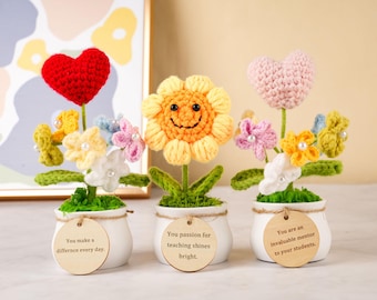 Gepersonaliseerd lescadeau, schattige gehaakte zonnebloemen/hartjes/roosplanten, bedankt dat je me hebt helpen groeien, bedankje, cadeau voor moeder met tags