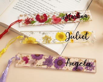Marcapáginas personalizado de resina con flores prensadas, accesorio floral para libros