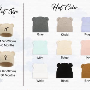 K&ouml;nnte beinhalten: Eine Auswahl an Baby-M&uuml;tzen in verschiedenen Farben, darunter Grau, Khaki, Lila, Mint, Beige, Rosa, Wei&szlig;, Schwarz und Braun. Die M&uuml;tzen haben B&auml;renohren und sind in zwei Gr&ouml;&szlig;en erh&auml;ltlich: 29 cm f&uuml;r 0-6 Monate und 32 cm f&uuml;r 6-36 Monate.