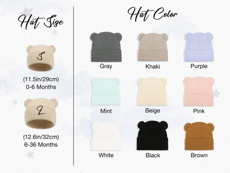 K&ouml;nnte beinhalten: Eine Auswahl an Baby-M&uuml;tzen in verschiedenen Farben, darunter Grau, Khaki, Lila, Mint, Beige, Rosa, Wei&szlig;, Schwarz und Braun. Die M&uuml;tzen haben B&auml;renohren und sind in zwei Gr&ouml;&szlig;en erh&auml;ltlich: 29 cm f&uuml;r 0-6 Monate und 32 cm f&uuml;r 6-36 Monate.