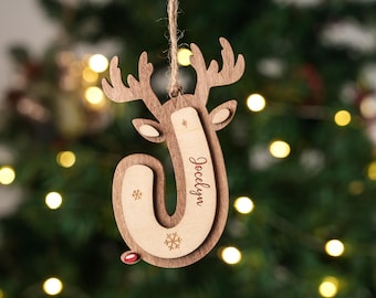 2025 Christmas Reindeer Letter Ornaments, Engraved Stocking Tags, Keepsake ornaments, Initial Ornament