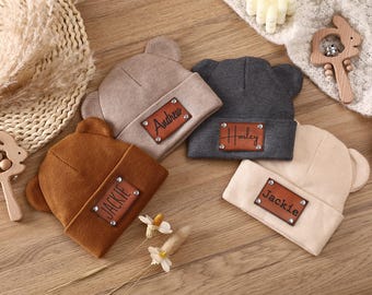 Personalized Baby Beanie with Bear Ears, Custom Beanie with Name Patch,Personalized Baby Beanie,Newborn Baby Beanie Hat,Leather Patch Beanie
