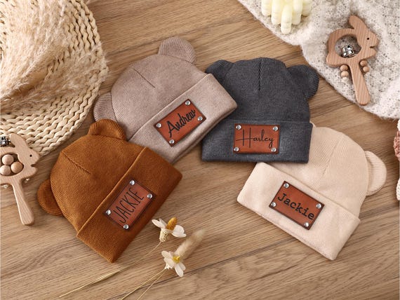 Personalized Baby Beanie with Bear Ears, Custom Beanie with Name Patch,Personalized Baby Beanie,Newborn Baby Beanie Hat,Leather Patch Beanie