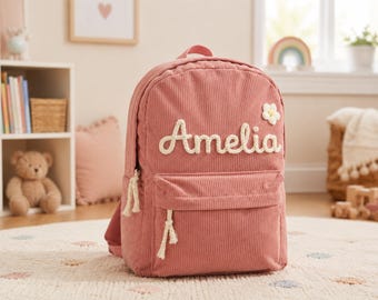 Personalisierte Cord Kleinkind Rucksack, Name Schultasche für Kinder, Schulanfang, Sommer Camp Tasche