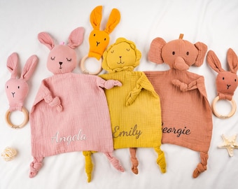 Personalized Baby Comforter Set, Embroidered Animal Blanket, Cotton Security Blanket
