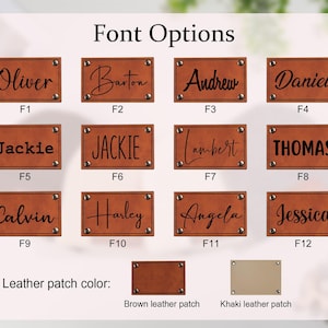 K&ouml;nnte beinhalten: Bild mit Schriftoptionen f&uuml;r Lederaufn&auml;her. Gezeigt werden rechteckige braune Lederaufn&auml;her mit Namen wie "Oliver", "Barton" und "Andrew" in verschiedenen Schriftarten. Der Text "Font Options" steht oben.