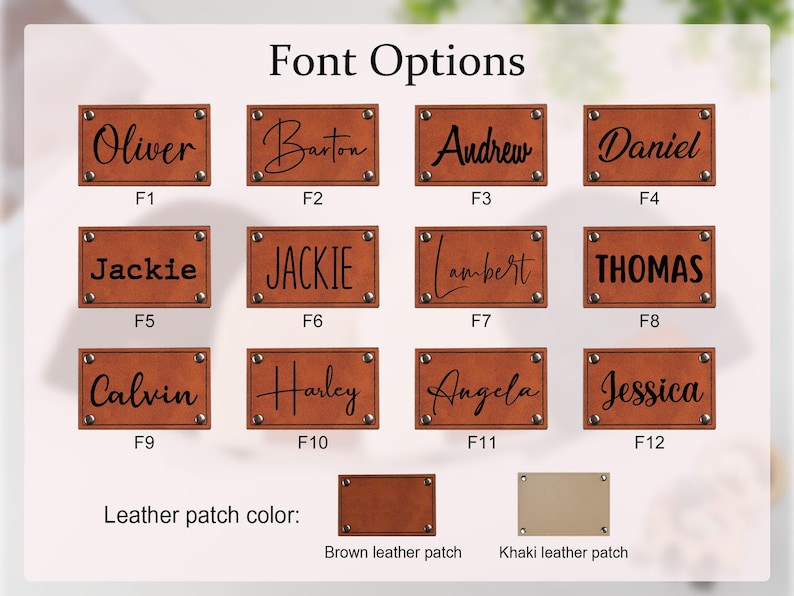 K&ouml;nnte beinhalten: Bild mit Schriftoptionen f&uuml;r Lederaufn&auml;her. Gezeigt werden rechteckige braune Lederaufn&auml;her mit Namen wie "Oliver", "Barton" und "Andrew" in verschiedenen Schriftarten. Der Text "Font Options" steht oben.
