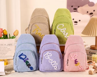 Personalized Corduroy Kids Sling Bag, Custom Name Gift