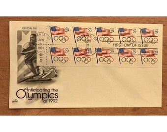 Atlanta Georgia 1991 Amerikansk flagga & Olympiska ringar 1992 Häfte Första dagens omslag