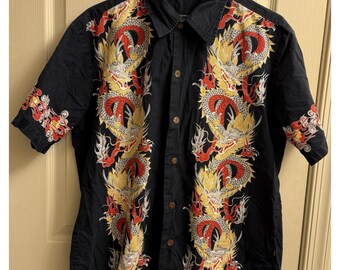 Vintage 90-tals H-Five-O Dragon Images svart Aloha Camp-skjorta med knappar, stor