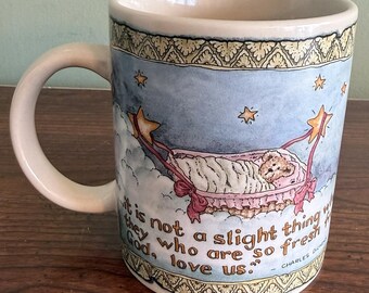 VTG 1999 Boyds Bears Baby ".Så färskt från Gud" Charles Dickens citat 30 cl mugg