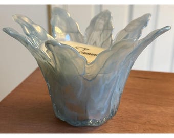 Portavelas perfumado vintage de cristal artístico italiano Murano Tammaro de 8 pétalos con diseño de remolino azul