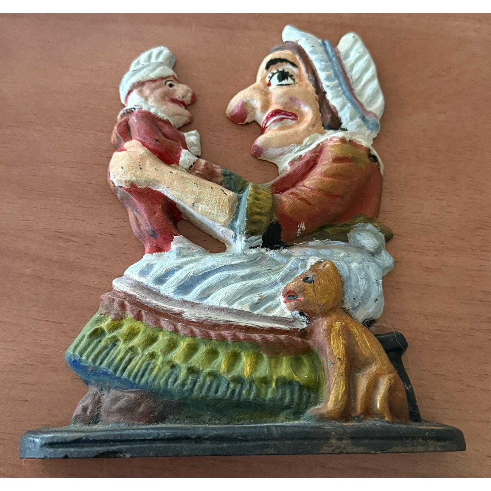 Vintage Punch and Judy Cast Iron Door Stop 7" Multicolor Hand Painted Decor