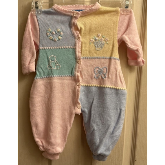 VTG 90s Pastel Patchwork Knitted Baby Romper Embroidered 3/6M Baby Superstore