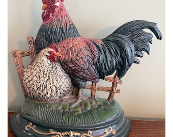 Vintage Cast Iron Rooster Hen Chicken Door Stop Country Farm Decoration 12"