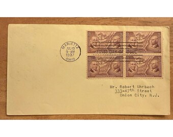 Amerikanska 3 centsmynt 1937 FDC maskinskriven adressskylt Block 795-5A Block om fyra