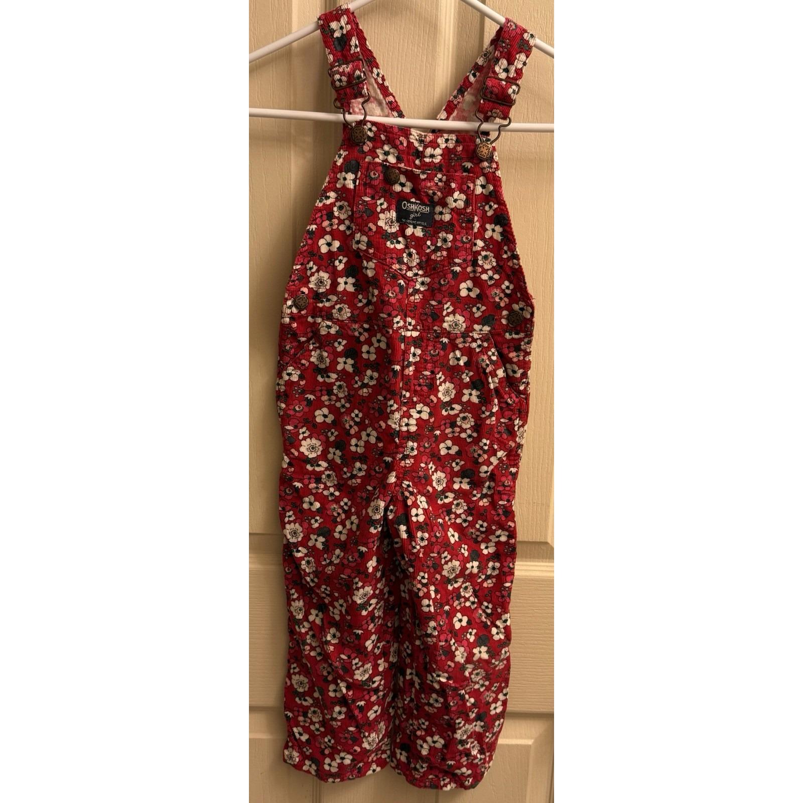 Oshkosh Girl Red Corduroy Cherry Blossom Floral Vestbak Overalls Sz 4 Toddler