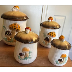 Retro Vintage Merry Mushroom 4 Piece Canisters Sears Roebuck 1970s