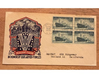 Scott 939 3 centavos Marina Mercante FDC Staehle Cachet Dirección mecanografiada Bloque de 4