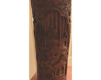 Antique Chinese carved landscapes and figurines bamboo brush pot Vase