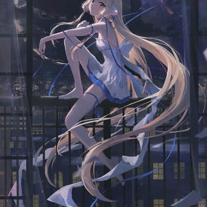 May include: An anime-style illustration of a person with long blonde hair, wearing a white dress with blue accents, sitting on a balcony overlooking a city at night. The artwork features flowing ribbons and a large moon.