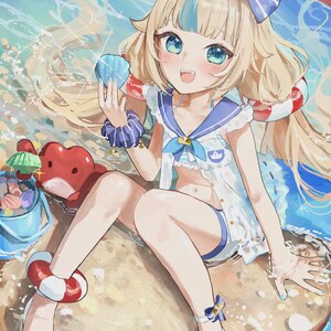 May include: An anime-style illustration of a young person with blonde hair and blue eyes, wearing a sailor-themed outfit. The character is sitting on a sandy beach, holding a seashell. The background features ocean waves and cartoon sea creatures.