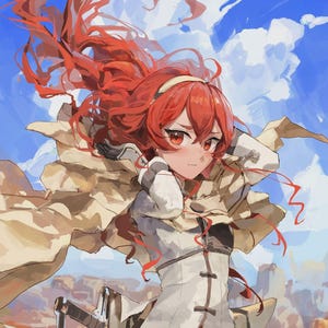 May include: An anime-style illustration of a character with long, flowing red hair and red eyes. The character wears a white and tan outfit with a cape, set against a desert landscape and a blue sky with clouds.