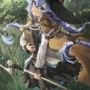 May include: An illustration of a young witch with blue hair and eyes, wearing a black hat and holding a book and a staff. She is dressed in a brown coat, white shirt, and black skirt, standing in a grassy field with purple flowers.