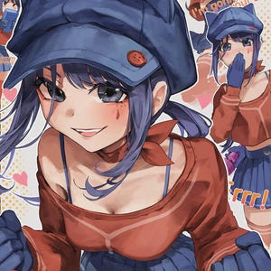 May include: Anime-style illustration of a character wearing a blue cap with ear-like flaps, a red top, and a blue skirt. The image includes text that says "Cuz I've got this cool CAP!" and other phrases.