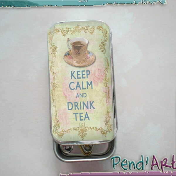 SLIDE TOP MINI TREASURES TIN  BOX- KEEP CALM AND DRINK A TEA