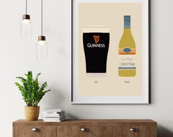 Guinness and Oyster Bay Print: Funny Couples Bar Art