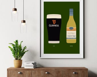 Guinness and Oyster Bay Print: Funny Couples Bar Art