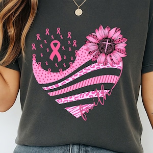 Pink Ribbon Heart Sunflower Faith PNG-Breast Cancer Awareness Digital Download Png-Pink Leopard Stripes Sublimation Design for T-Shirt, Mug