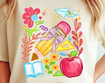 Cute Back to School PNG Sublimation Design-Pencil Apple Book Paper Clip Clipart PNG for Teacher Student Shirt Mug Print Digital Download