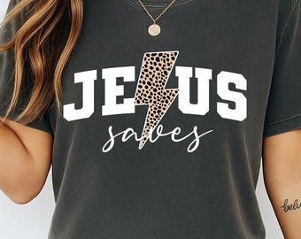 Jesus Saves PNG-Jesus Christian Png-God Religious Bible Png-Leopard Lightning Bolt Varsity Script Sublimation Design-Digital Download PNG