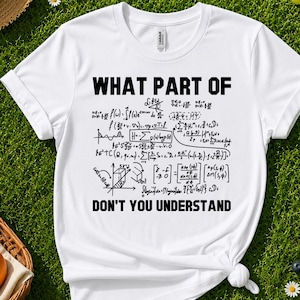 May include: White t-shirt with the text "WHAT PART OF DON'T YOU UNDERSTAND" in black, along with mathematical equations. The shirt is knotted at the bottom. The image is taken outdoors on a green grassy surface.