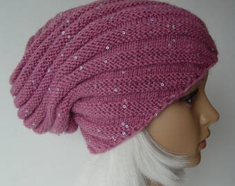 Knitted English Pink  Snail Hat, Beanie sparkly warm hat, sequins