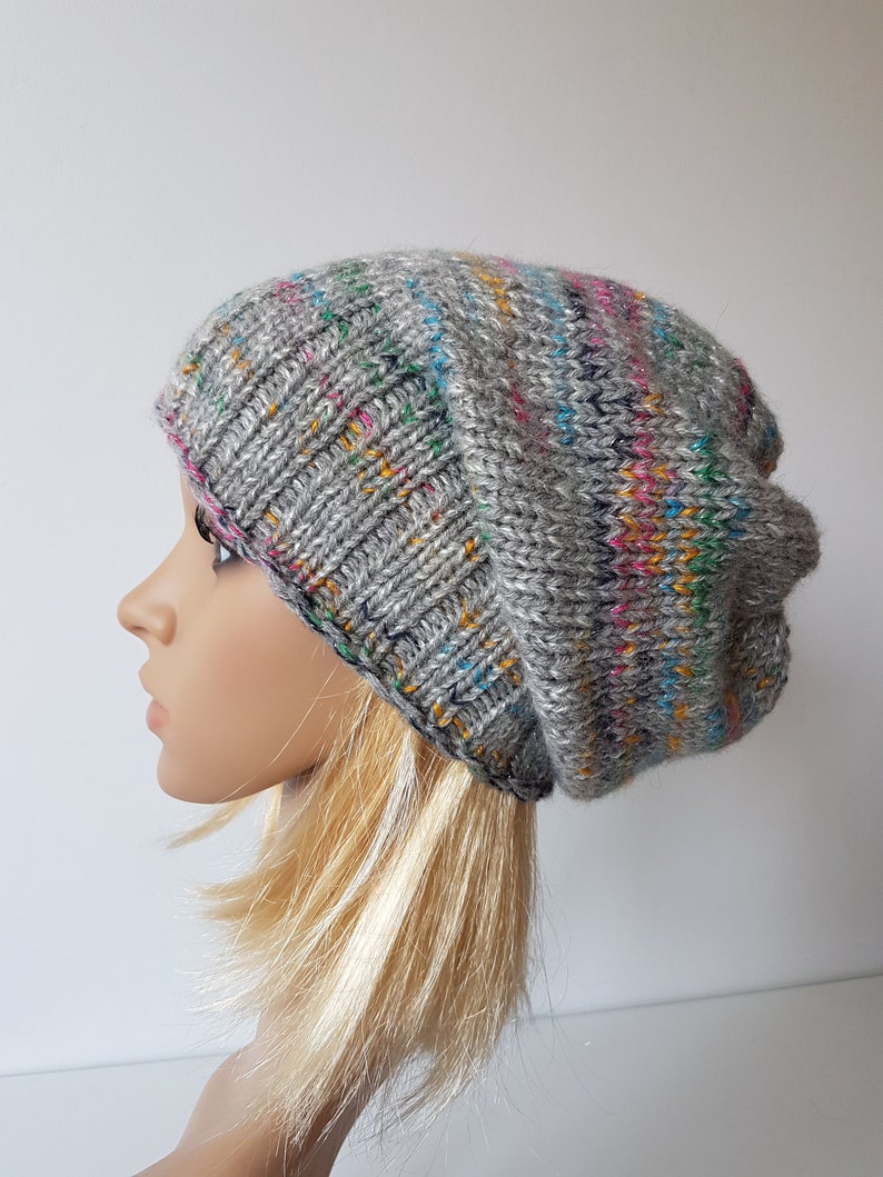OOAK Knitted Slouchy Hat, Sparkly Beanie, Multicolor Hat for Winter zdjęcie 6