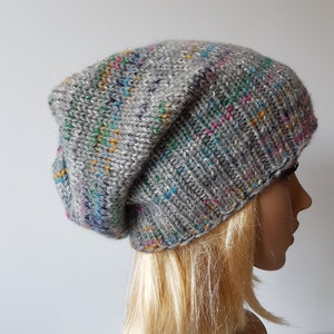 OOAK Knitted Slouchy Hat, Sparkly Beanie, Multicolor Hat for Winter zdjęcie 3