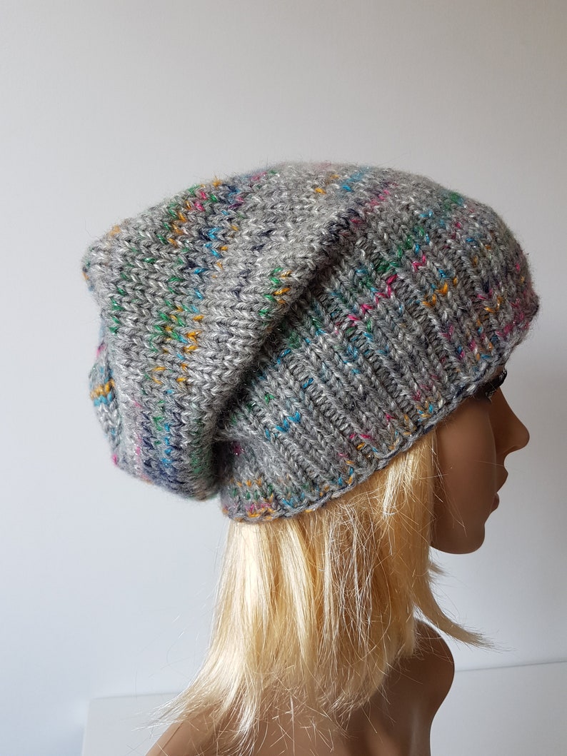 OOAK Knitted Slouchy Hat, Sparkly Beanie, Multicolor Hat for Winter zdjęcie 3