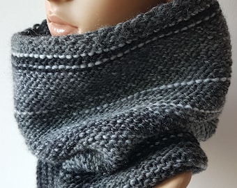 Hand knit cowl, grey black wool neck warmer, scarf