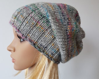 OOAK Knitted Slouchy Hat, Sparkly Beanie, Multicolor Hat for Winter