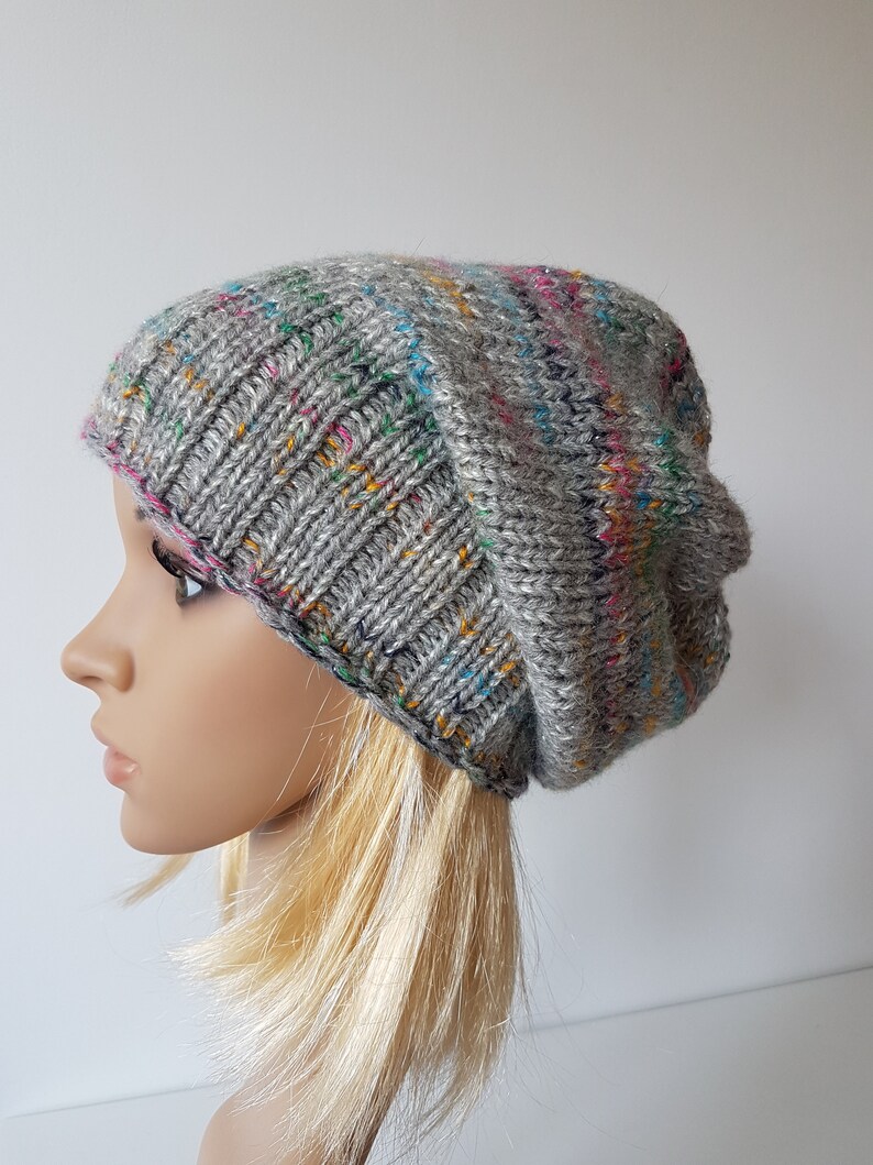 OOAK Knitted Slouchy Hat, Sparkly Beanie, Multicolor Hat for Winter zdjęcie 1