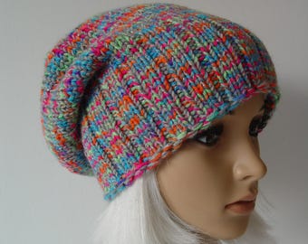 Knitted Slouchy Hat, Beanie, Multicolor Hat, Rainbow Hat for Winter