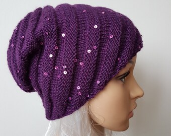 Chapeau d’escargot violet tricoté, bonnet chaud étincelant, paillettes