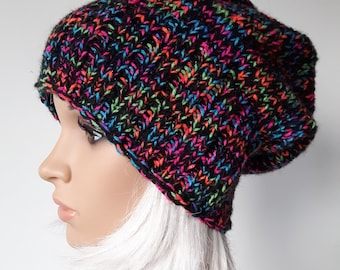 Knitted Slouchy Hat, Beanie Hat, Multicolor Hat, Rainbow