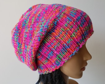 Knitted Slouchy Hat, Beanie Hat, Multicolor Hat, Rainbow