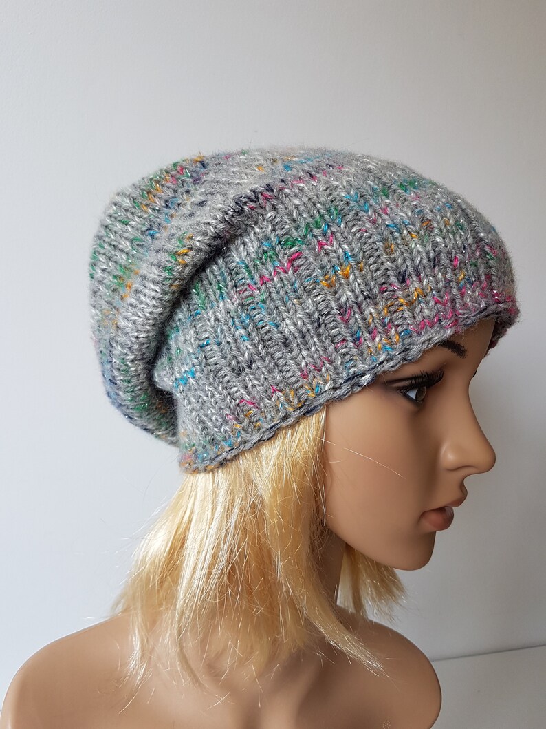 OOAK Knitted Slouchy Hat, Sparkly Beanie, Multicolor Hat for Winter zdjęcie 5