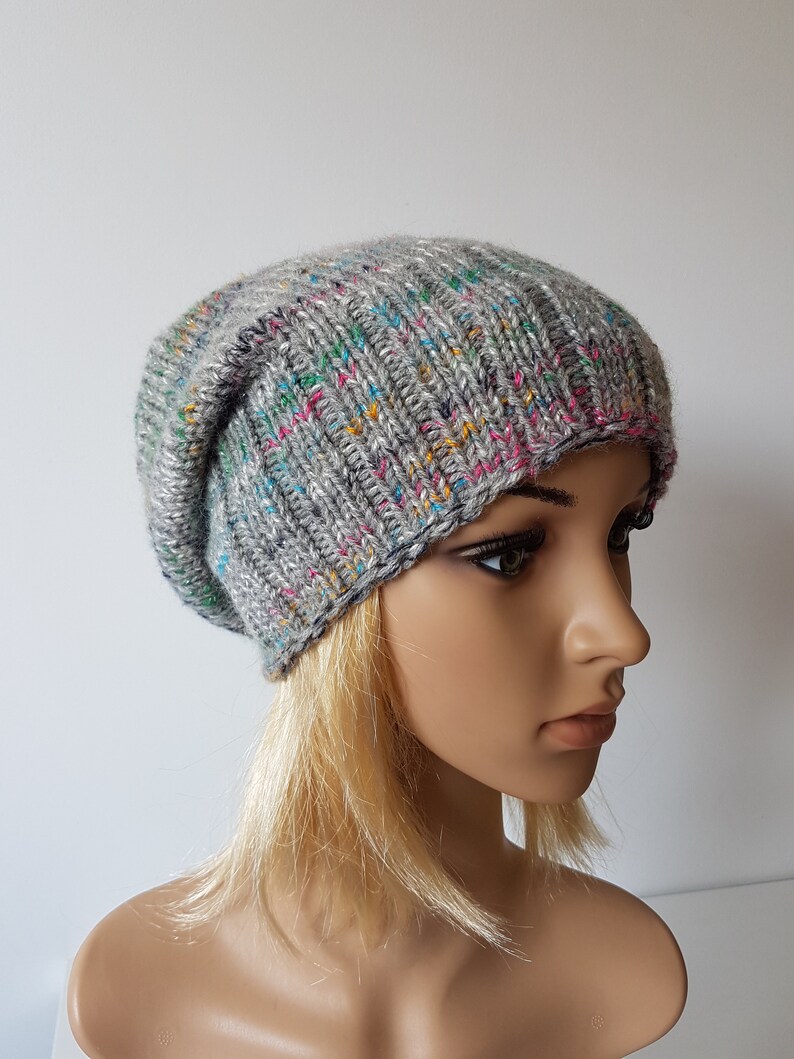 OOAK Knitted Slouchy Hat, Sparkly Beanie, Multicolor Hat for Winter zdjęcie 4