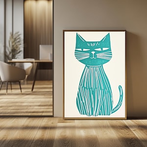 Cat Art Print, Whimsical  Cat Wall Art, Cute Pet Portrait, Cat Lover Gift, Green Aesthetic Cat Poster Cute Kitten Illustration Digital